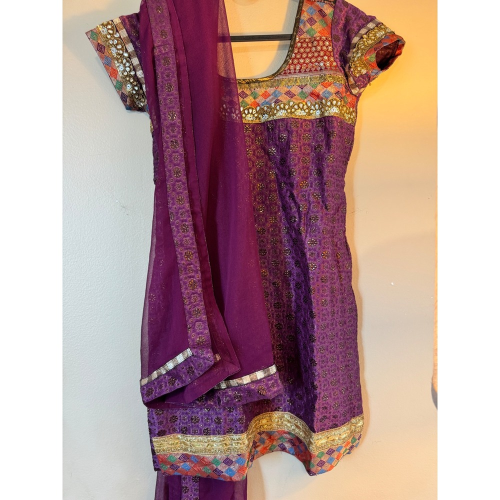 Purple Embroidered Salwar Kameez Tunic With Dupatta Gold Sequin Mirror Work 2 pc